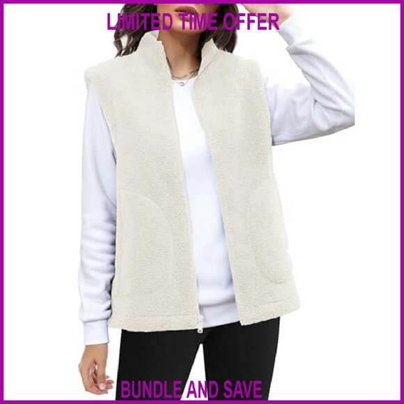 Sherpa Fleece Vest Women's Sleeveless Zip Up Lightweight Winter Warm Jacket - Picture 3 of 8